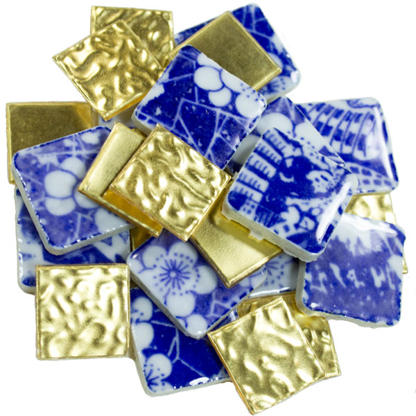 Gold Leaf Mosaic Glass with Blue Porcelain Tile