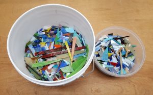 stained glass shards in buckets