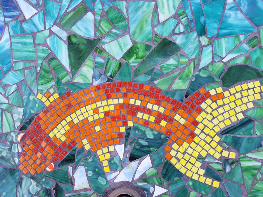 Koi Detail Mosaic Stained Glass Table by Melanie Squires.