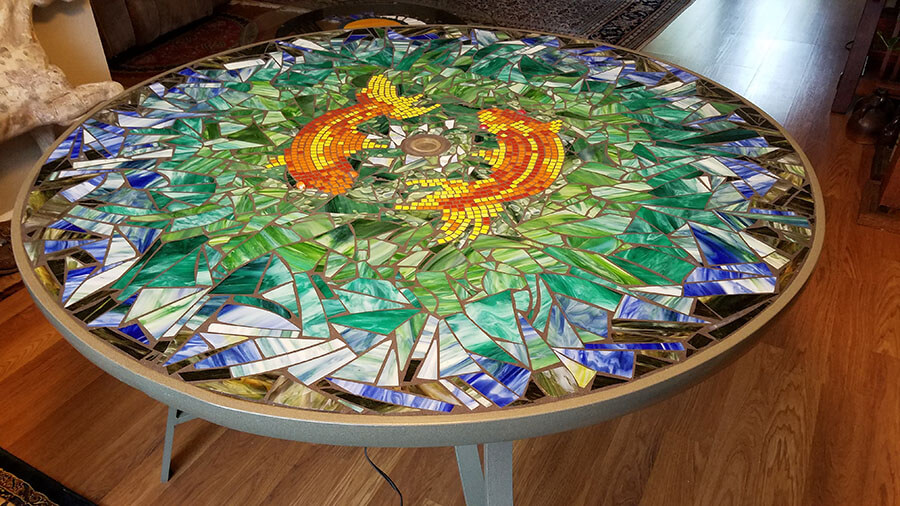 Koi Mosaic Stained Glass Table by Melanie Squires.