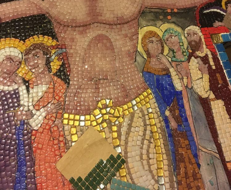 San Damiano Crucifix Mosaic detail Tiny Faces 2 by artist Kevin Pawlowski.