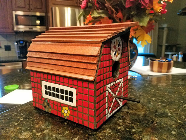 Barn Mosaic Birdhouse by artist Cindy Christensen in collaboration with her husband.