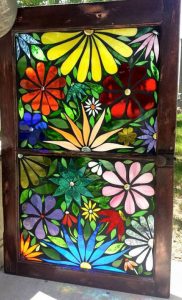 Glass-on-Glass Mosaic Window Flowers by artist Cindy Christensen