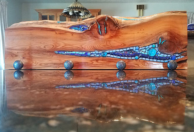 Mosaiced Yew-Wood Coat Rack by artist Cindy Christensen in collaboration with husband.