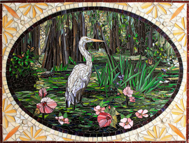 Egret in Swamp mosaic by artists Sandra and Carl Bryant