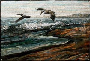 Pelicans mosaic by artists Carl and Sandra Bryant.
