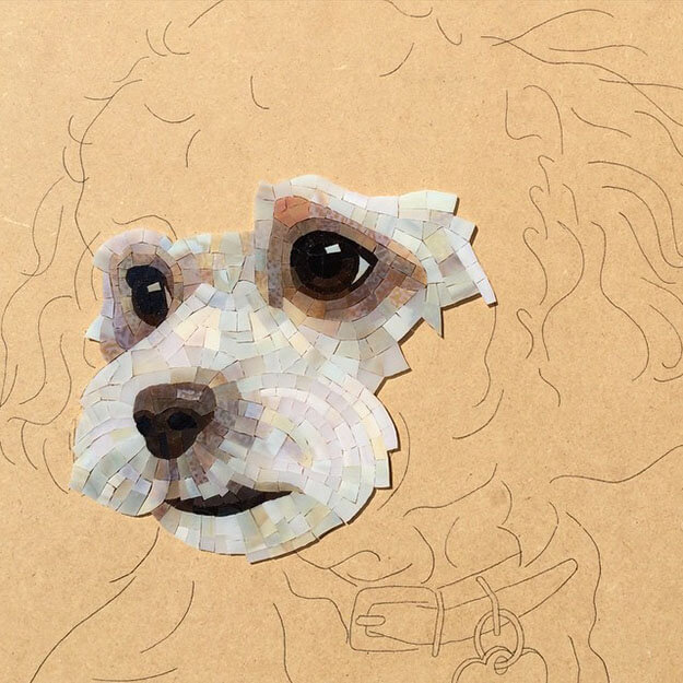 Mosaic Pet Portrait fluffy dog WIP1