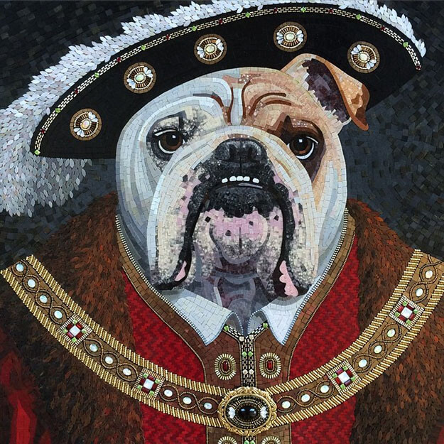 Mosaic Pet Portrait English Bulldog as Henry VIII