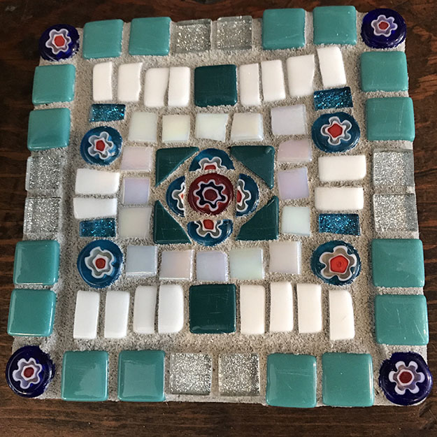 Mosaic Coaster 2 with Scratched Tile by beginner mosaic artist Stefi Morrison