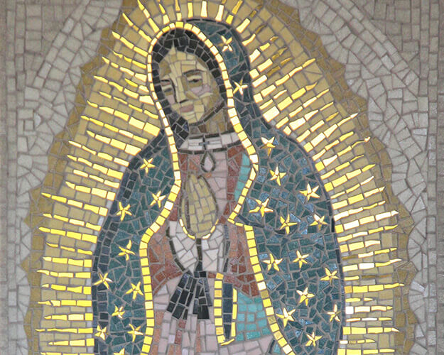 Madre de Guadelupe Mosaic by first-time-mosaicist Irene Clifford detail