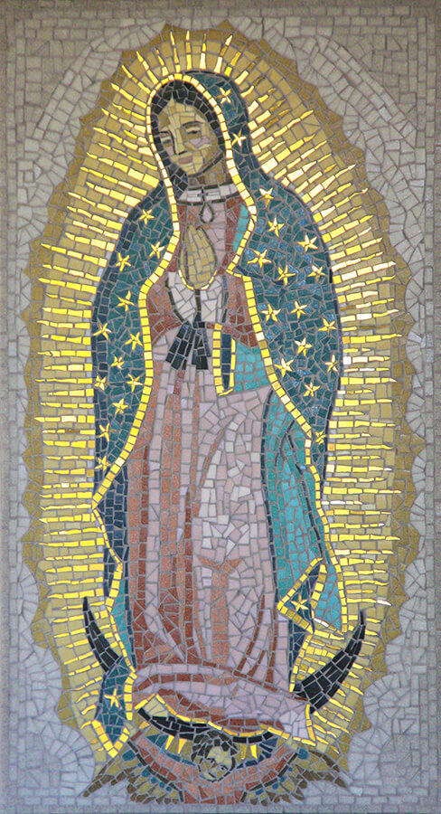 Madre de Guadelupe Mosaic by first-time-mosaicist Irene Clifford