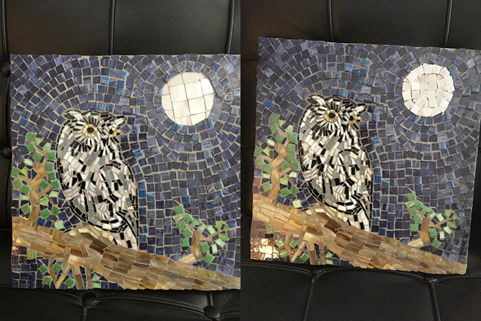 Eastern Screech Owl Mosaic with revised moon. (Note: not yet grouted.)