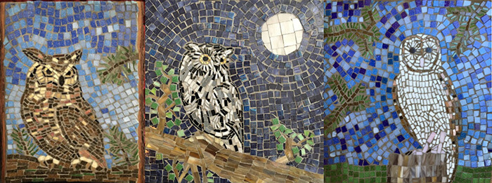 Three Owl Mosaics by artist Linda Lawton. Great Horned Owl, Eastern Screech Owl, Barn Owl