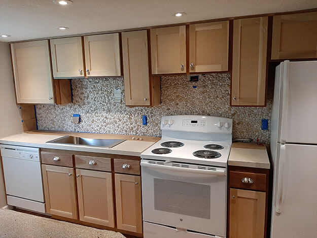 Stone Mosaic Backsplash before grouting