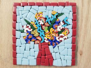Broken Millefiori Bouquet Mosaic Coaster Before Grouting.