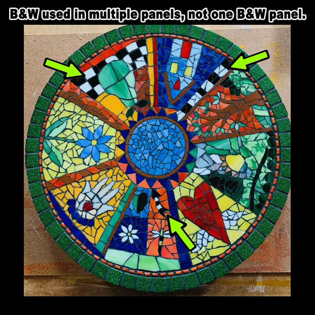Mosaic Lazy Susan has B&W elements used in multiple panels, not one B&W panel.