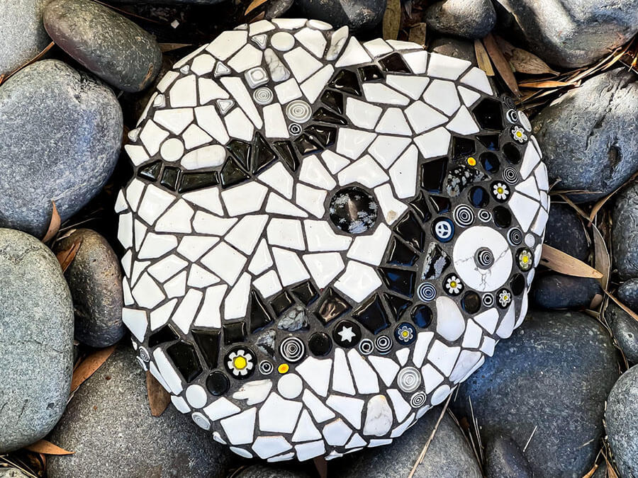Black and White Mosaic Encrusted River Stone