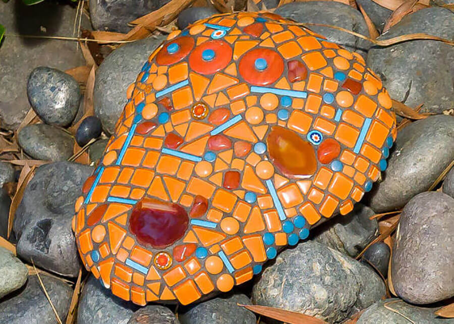 Orange Mosaic Encrusted River Stone