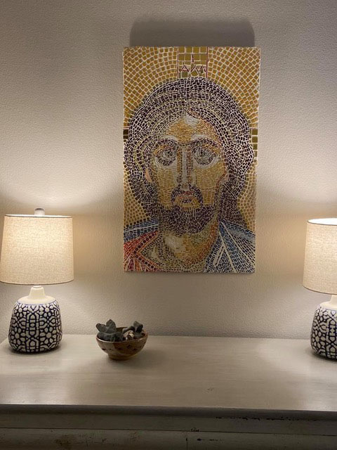 Mosaic Face of Christ by Sue Hague after 15th century egg tempura painting