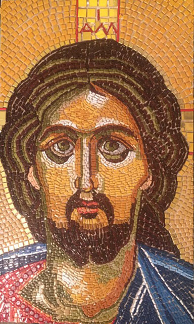 Pre-Grout Mosaic Face of Christ by Sue Hague after 15th century egg tempura painting