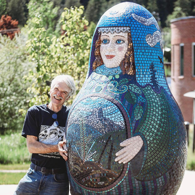 Rebirth matryoshka mosaic sculpture with artist Peter Vogelaar