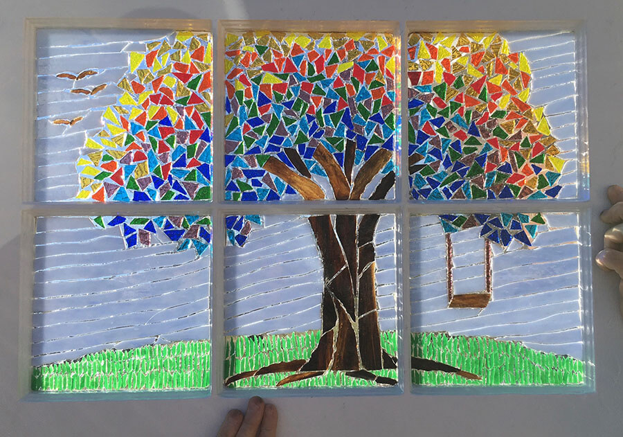 Glass-on-Glass Tree Mosaic, Ungrouted, Backlit