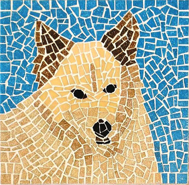 Mosaic Dog with white grout by student of Jill Gatwood