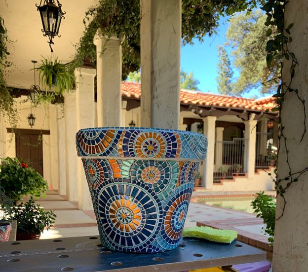 Mosaic Flower Pot in California courtyard.