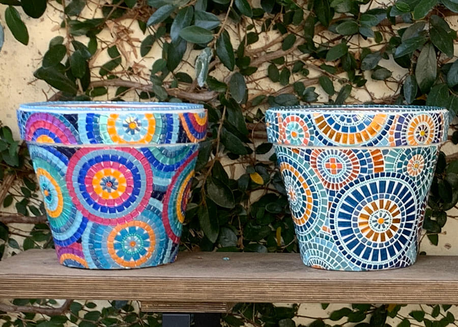 Mosaic Flower Pot Series with wheel motif by artist Morgan Halford