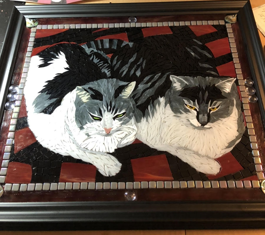 Mosaic by Tanya Boyd that my mind thought of as "Kitty Sitting Tray."