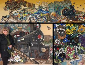 Tuolumne County School Mosaic Mural collage with detail and artist Dianne Stearns