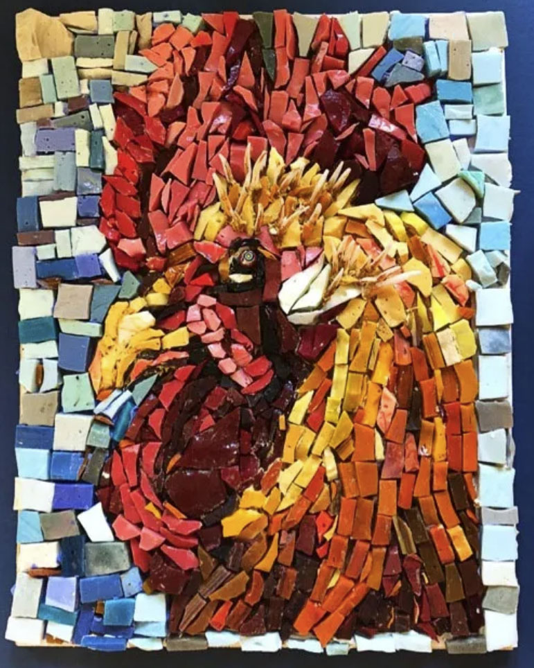 Mr.Rooster Runs the Roost mosaic by Yolanda Bergman