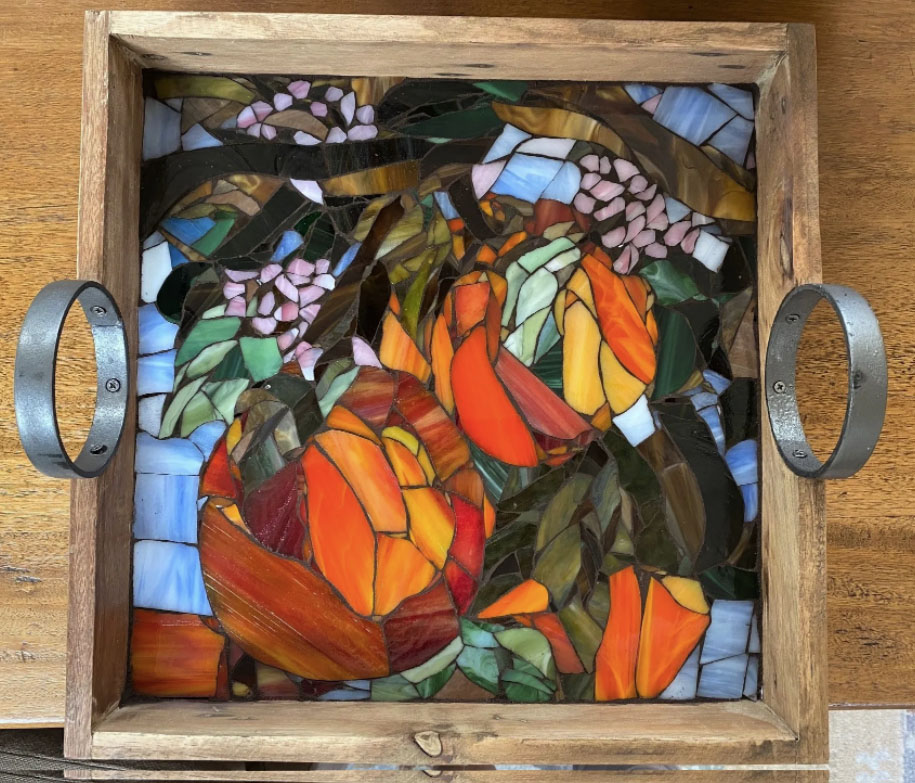 Orange Blossom mosaic tray by Yolanda Bergman