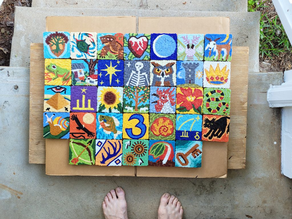 Mosaic Coasters by Joe Moorman with the artist's toes