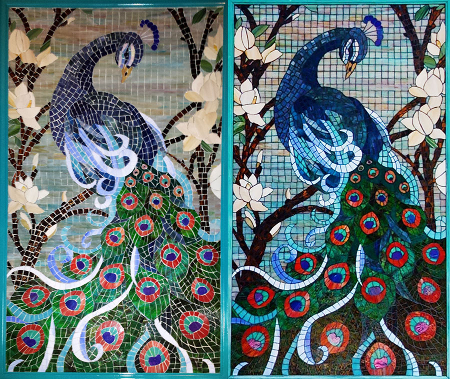 Mosaic Peacock by artist Lonnie Parsons, grout comparison