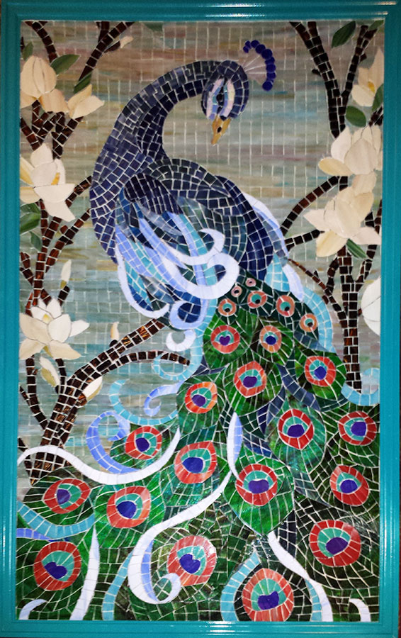 Mosaic Peacock by artist Lonnie Parsons, Photoshop approximation by Joe Moorman