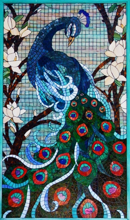 Mosaic Peacock by artist Lonnie Parsons, finished