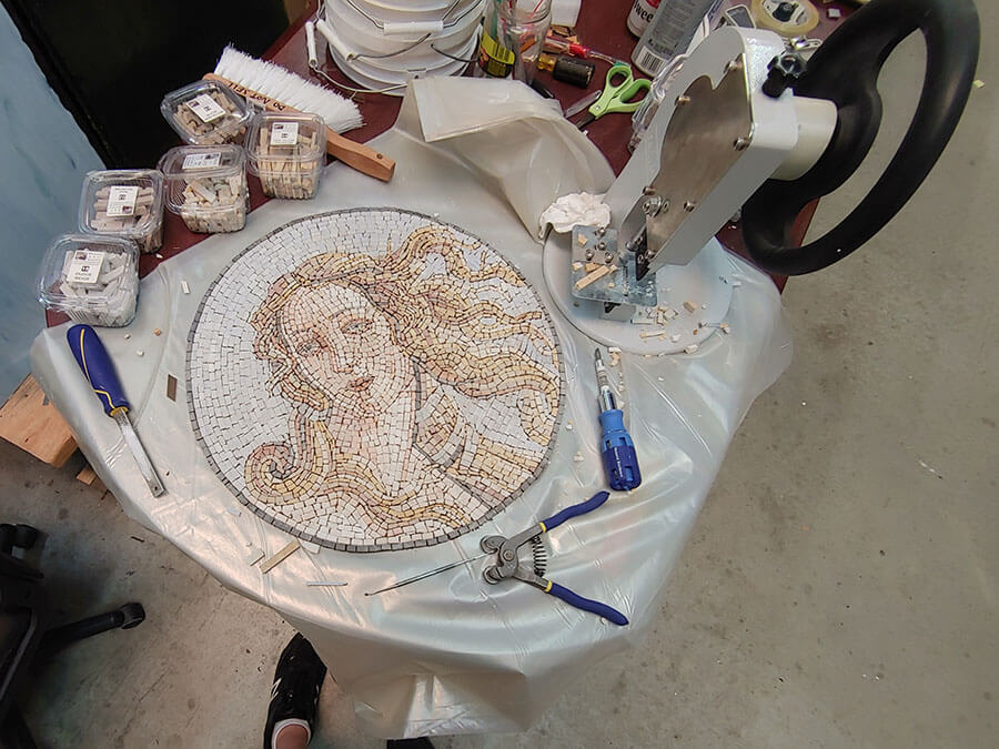 Mosaic interpretation of a detail from Botticelli's Venus with Hercules Precision Stone Chopping Machine