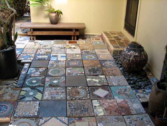 Peaceful meditative patio of mosaic stepping stones by Victor Kobayashi, Honolulu, Hawaii.