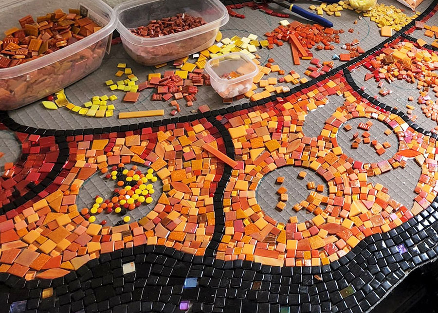 Butterfly Mosaic Sculpture by Jill Gatwood, work in progress detail #2 cropped