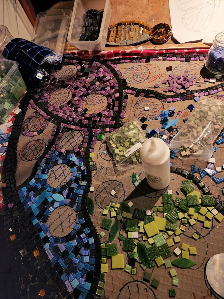 Butterfly Mosaic Sculpture by Jill Gatwood, work in progress detail #3