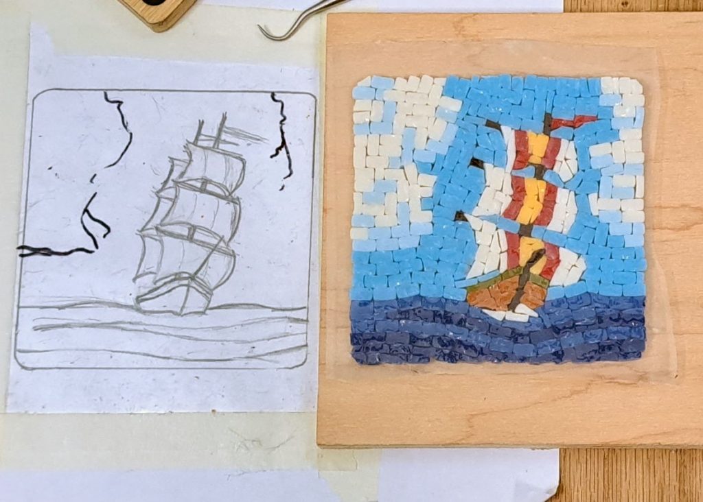 Mosaic Sailing Ship with pattern covered in clear contact paper (sticky side up)