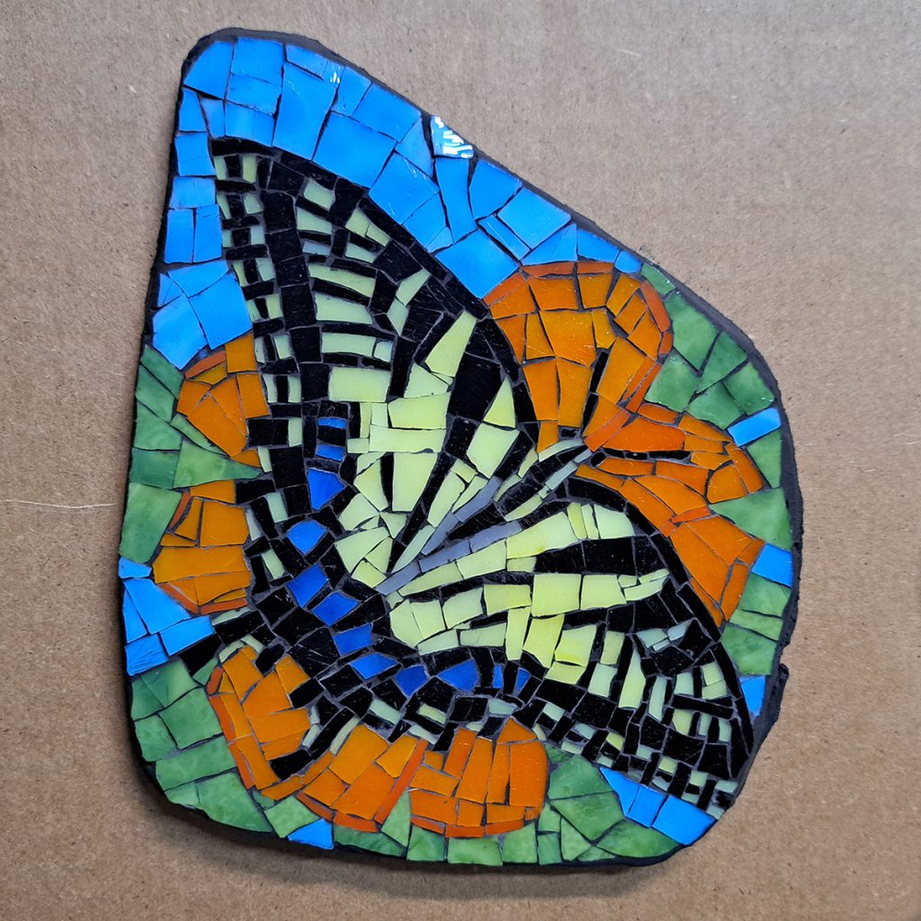 Eastern Tiger Sallowtail Butterfly, mosaic by Joe Moorman, 2024, 6x7 inches, stained glass in mortar