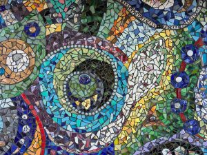 Fireplace Mosaic by Elinor Willis, detail top, grouted, 1280 x 960 pixels