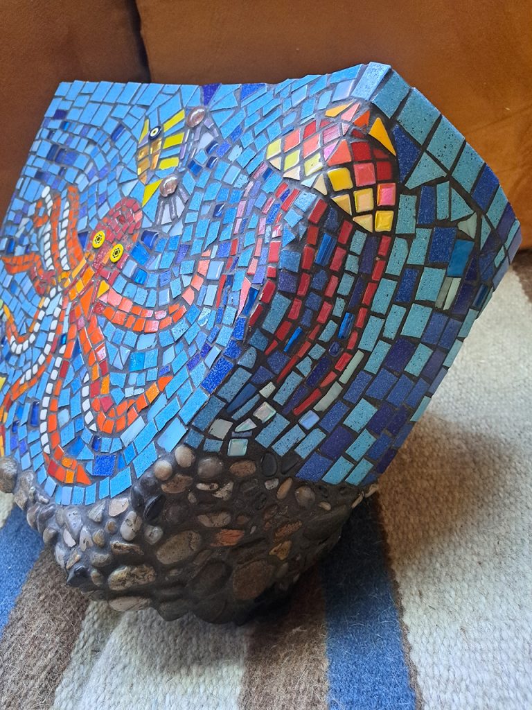 Toilet Tank Mosaic Planter for Pam by Debbie Logan, detail #2